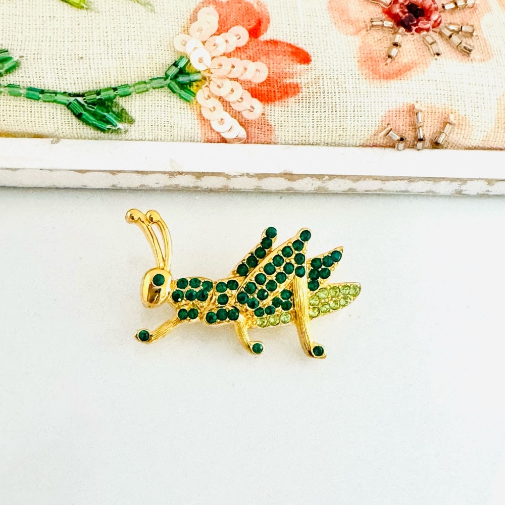 Monet Grasshopper Brooch for Insect Lovers Geeen Crystal Collector Jewelry
